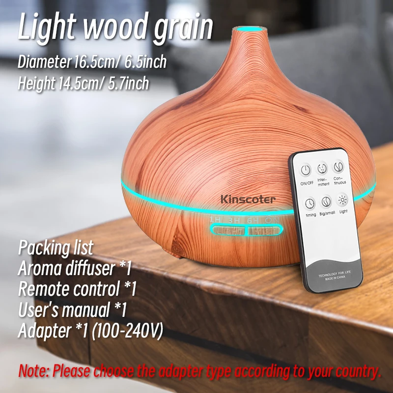 Hoge kwaliteit 500 ml aromatherapie etherische olie diffuser houtnerf afstandsbediening ultrasone luchtbevochtiger met 7 kleuren licht