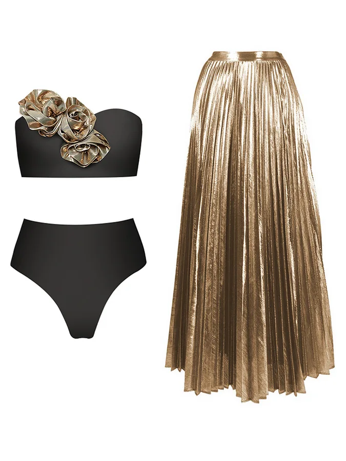 

Golden 3D Flower Black or White Bikini Swimsuit and Skirt Strapless Wrap Chest Triangle Vintage Metal Drape Pleated Long Skirt