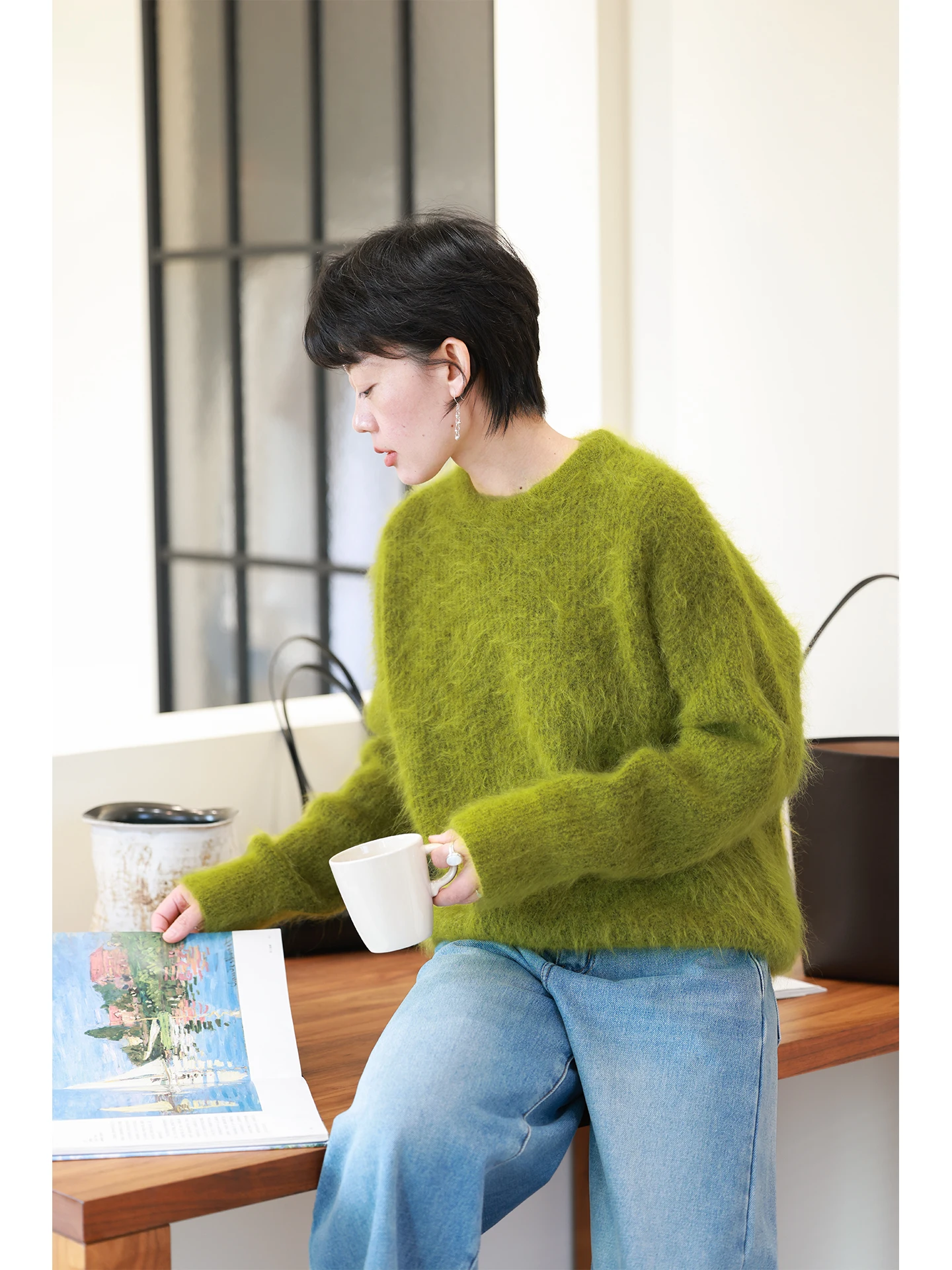 

Вязаный свитер с длинными волосами в стиле ретро, женская свободная верхняя одежда, цвет моха, удобное тепло, весна, осень, зима