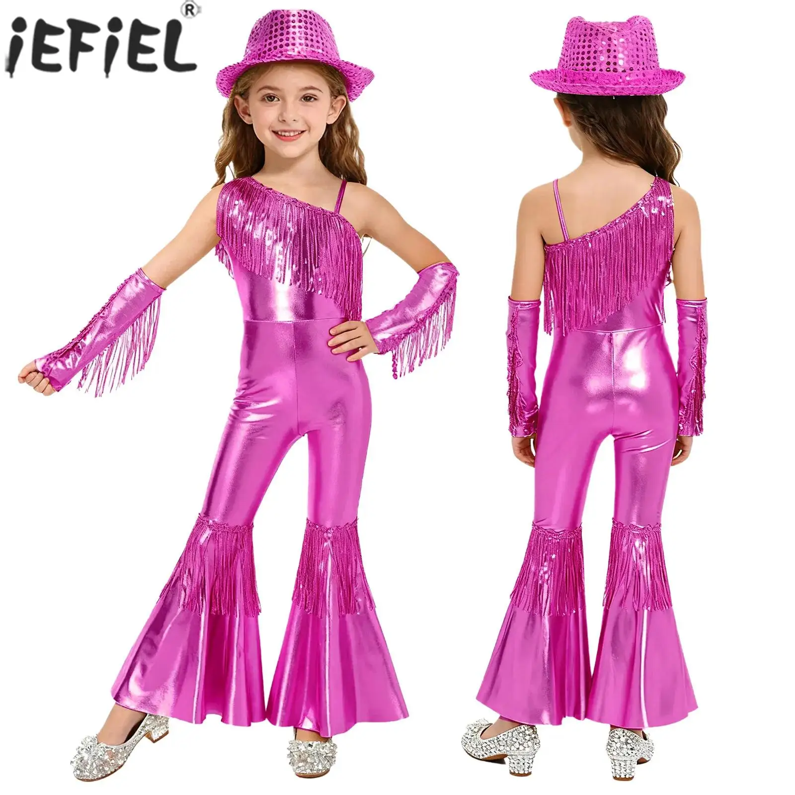 الأطفال الفتيات هالوين كرنفال لامع الجاز ديسكو الرقص الهبي راعية البقر زي الترتر شرابات مضيئة بذلة مع قفازات