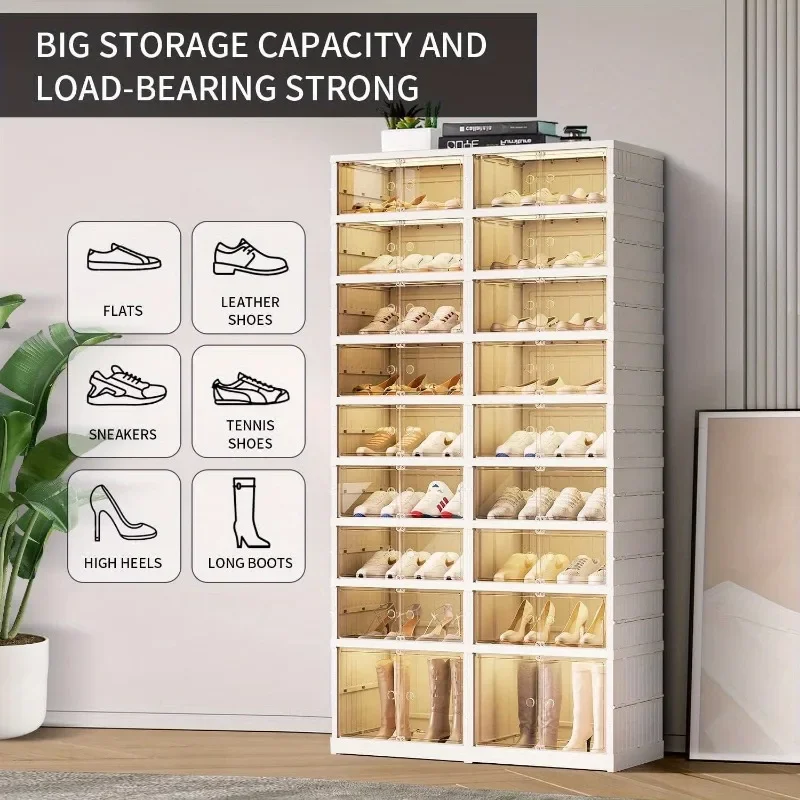 Foldable Shoe Racks Organizer for Closet Plastic Collapsible Shoes Storage Box Clear Stackable with Door Easy Assembly