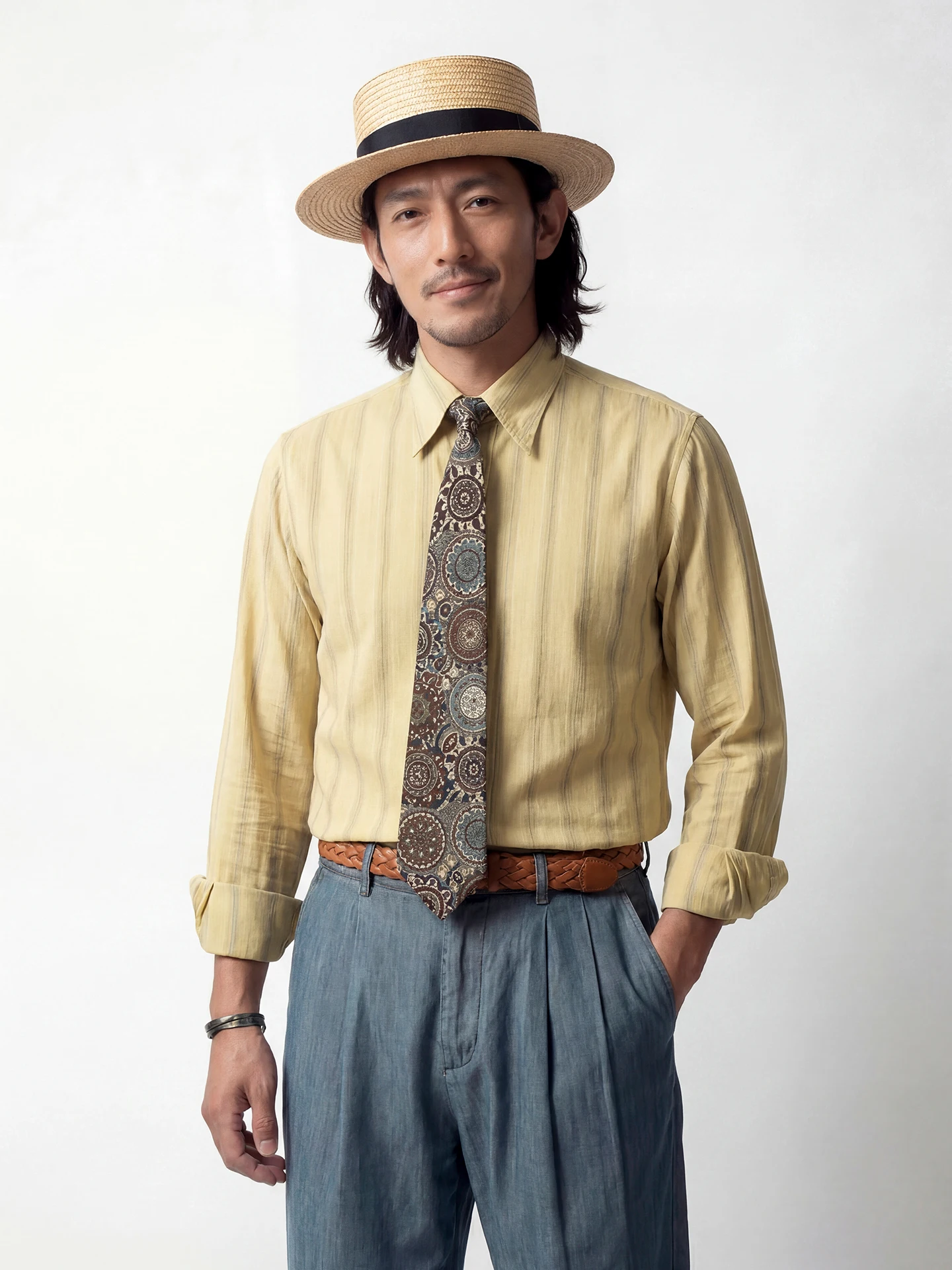 

Soarin' Vintage Italian Pointed Collar Yellow Striped Men's Casual Shirt Long Sleeve Summer Drapey Comfortable Breathable