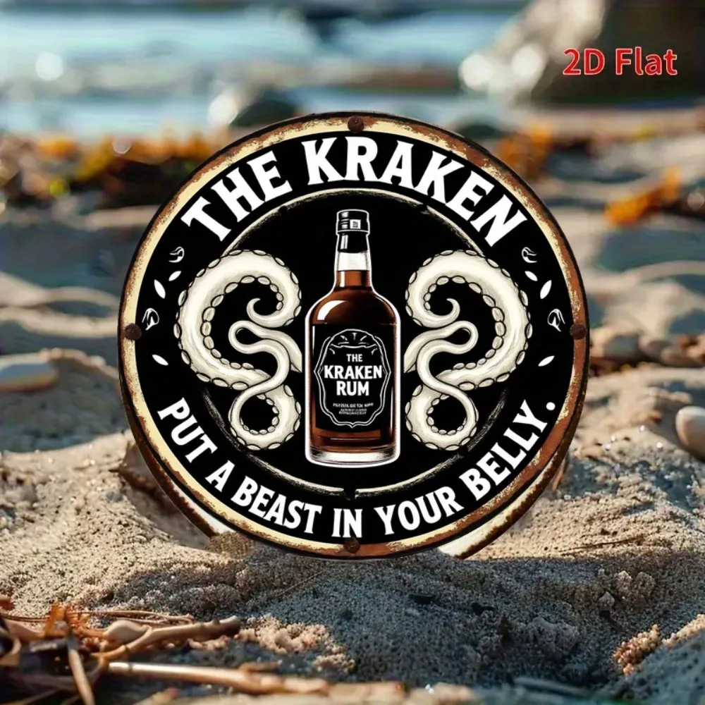 OceanThemedKrakenCo 2D Kraken Rum Retro الألومنيوم جدار الفن - خمر بحري اللامسة جولة المحيط موضوع ديكور