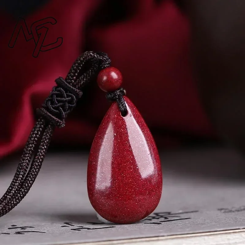 Fashion Cinnabar Jade Water Drop Pendant Necklace Jewellery Chinese Hand-Carved Healing Women Man Luck Gift Sweater Chain