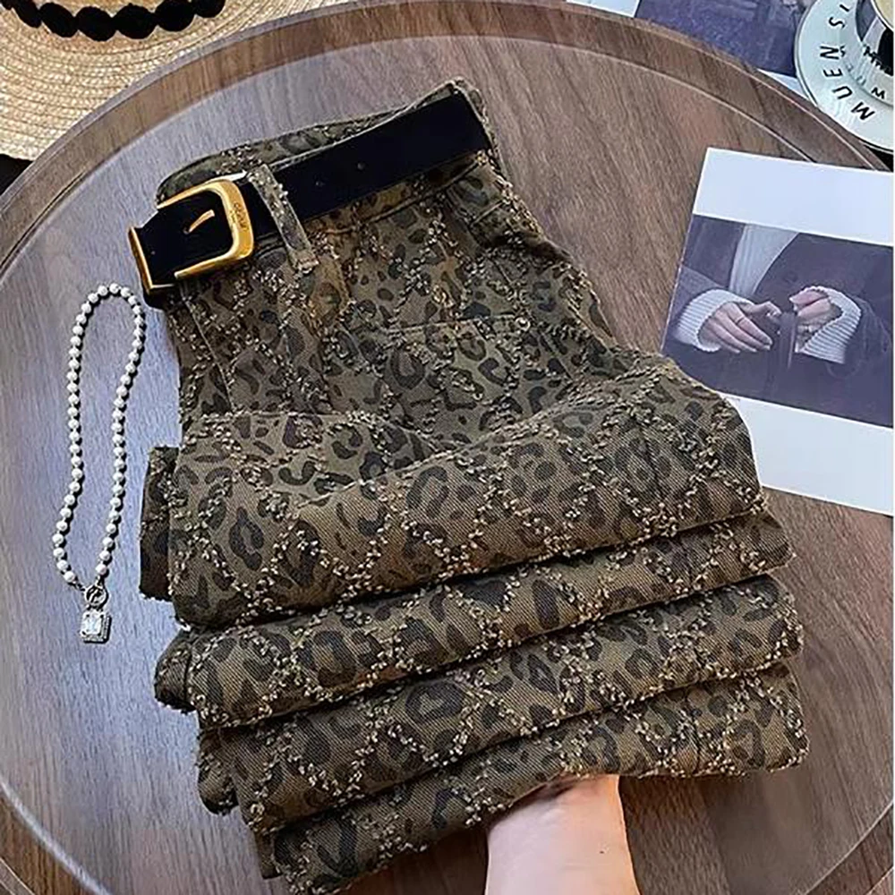 

American Retro Leopard Denim Pants Women's High Street High Waist Straight Wide Leg Jeans Commute All-Match Long Trousers