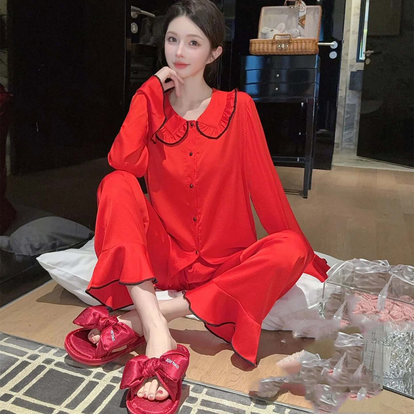 

Sexy Ruffles Ice Silk Satin Pajamas Set Sleep Set Women's Home Clothes Long Sleeve Shirt Pants Loungewear Pijamas Suit