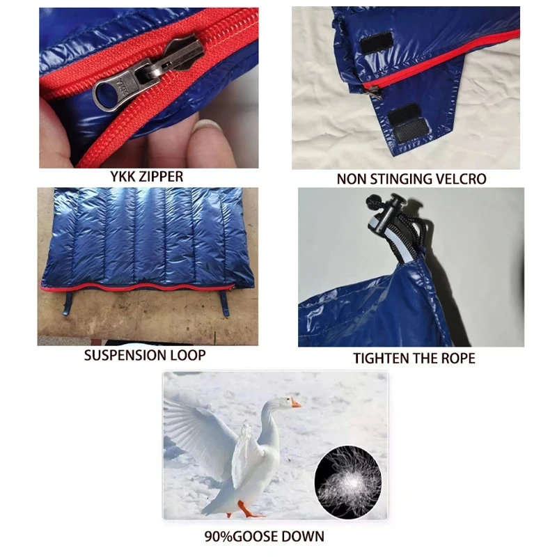 التخييم في الهواء الطلق كيس النوم 90% أوزة أسفل الكبار المغلف نوع خفيفة المحمولة الانزلاق أسفل كيس النوم 3 الموسم حقيبة دافئة