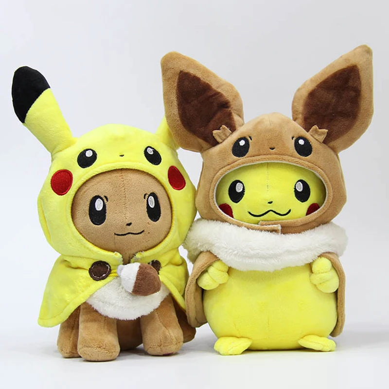 Pikachu Cosplay Eevee pluszowy Pokemon wypchane lalki Eevee Dressing Cloak Cos Pikachu pluszaki Kawaii zabawki hobby piękny prezent dla dzieci