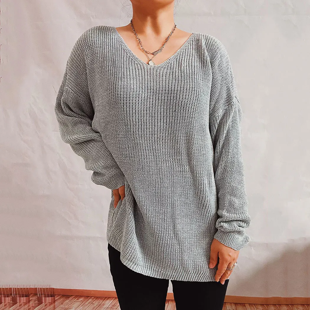 Sweater Pullover rajut leher V, Sweater Pullover tipis lengan panjang, leher V besar, warna polos, longgar, sederhana, 2023