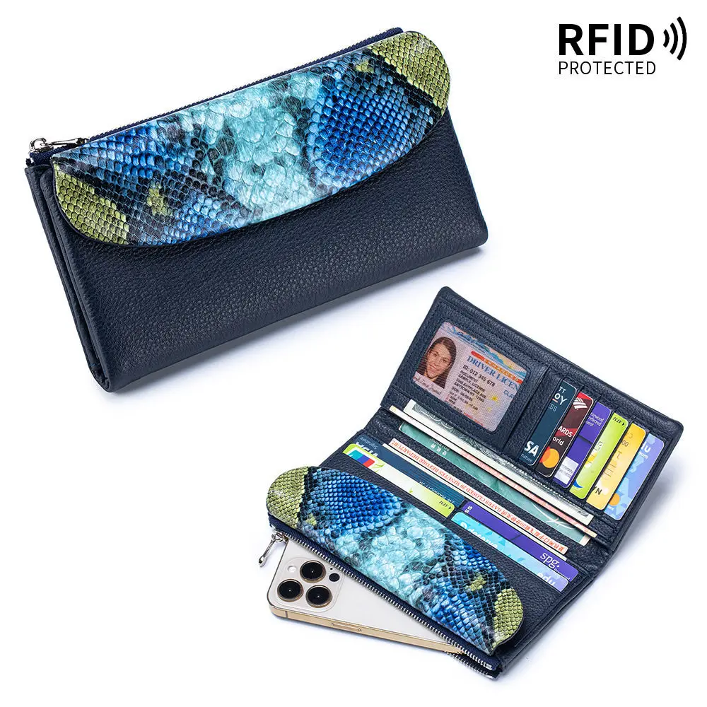 

Женский кожаный кошелек-клатч с многоцветным змеиным принтом, RFID-защитой, большой вместимостью и множеством отделений для карт, брендовый длинный кошелек