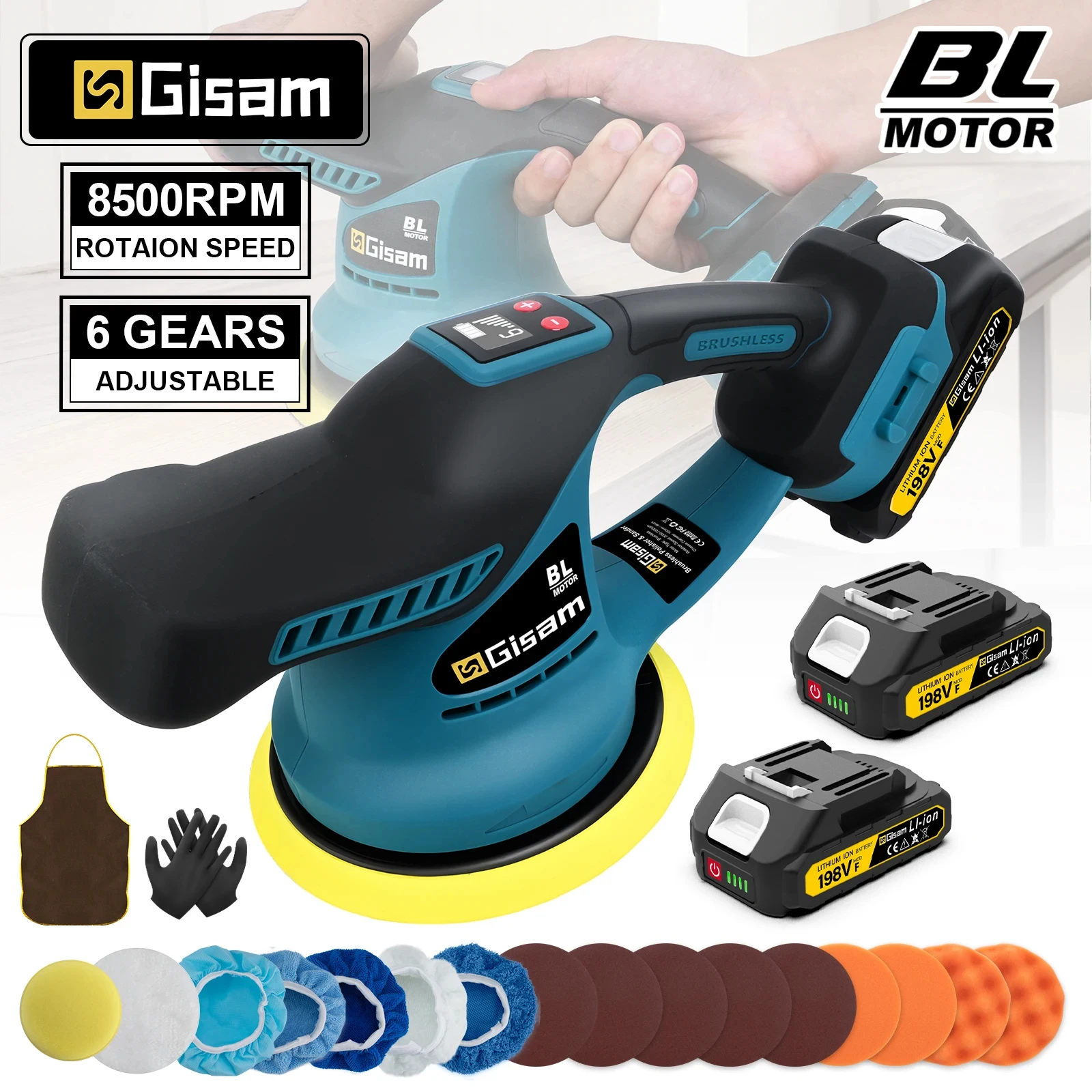 Polisseuse de voiture sans fil Gisam, 6 vitesses, polisseuse électrique sans fil, machine à polir et à cirer les voitures, pour batterie Makita 18v