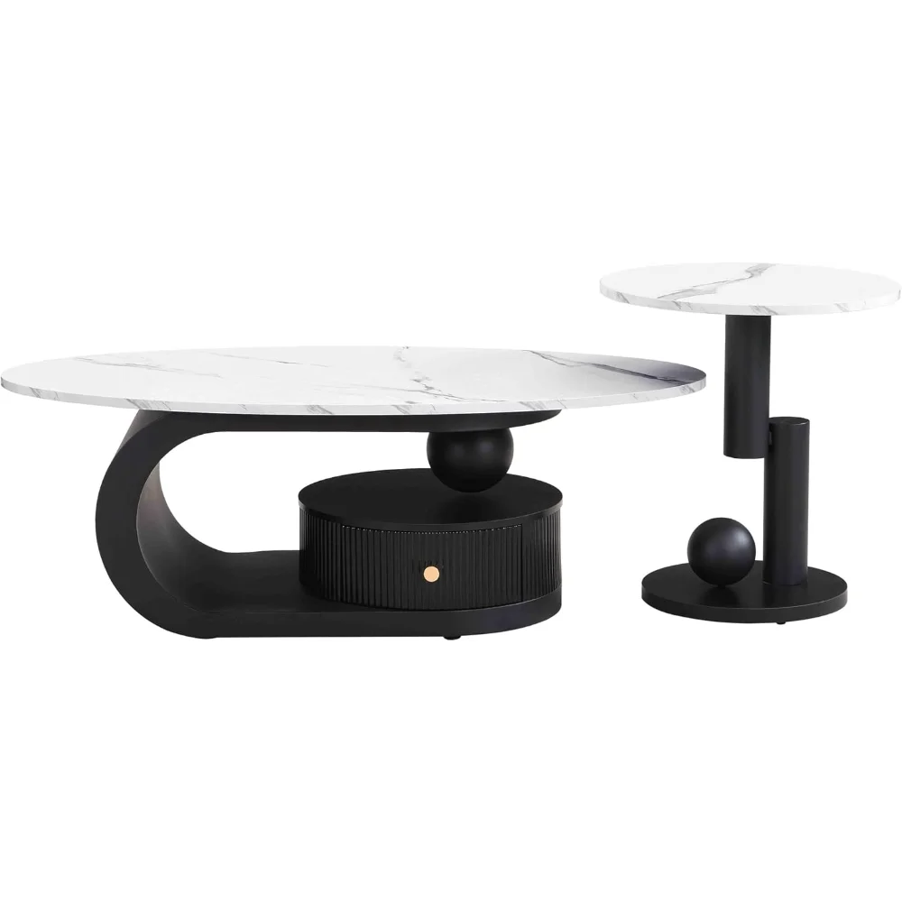 Juego de mesa de centro nido de lujo (2 piezas) - Base negra con mármol sintético moderno, incluye mesa de centro ovalada con cajón