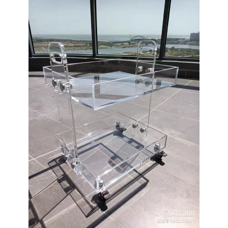 

Flat Packed Acrylic Side Table,Clear Table with Wheels,rolling storage cart,Acrylic Bedside Tables Night Stand Size 41×34×48H cm