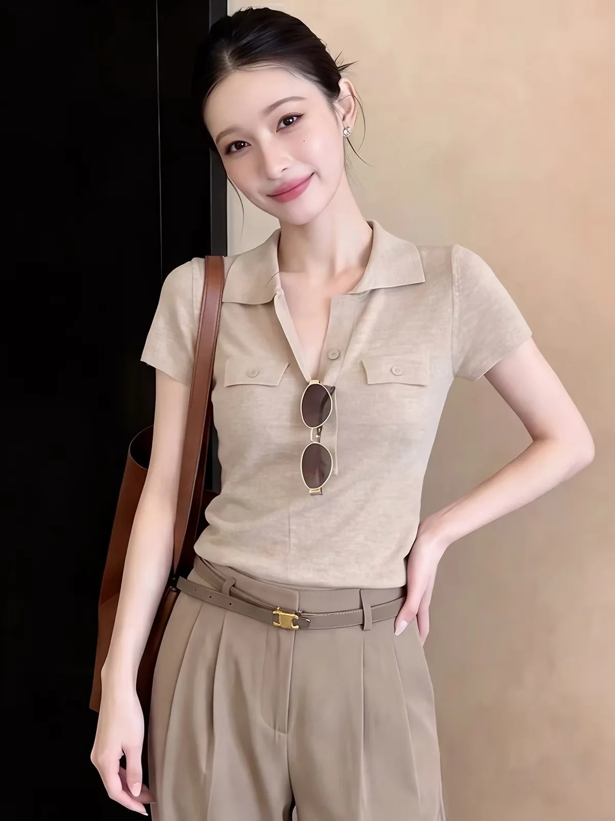 2026 New Old Money Style V Neck Knit Short Sleeve Polo Shirt Women Summer Shoulder-Slimming Fitted Tops