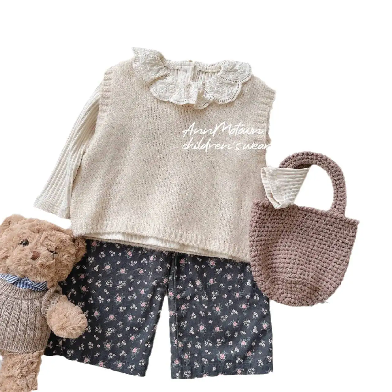 2024 Autumn Kids Baby Girls 3PCS Clothes Set Cotton Ribbed Tops Knitted Vest Floral Wide Leg Pants Suit Toddler Girls Outfits