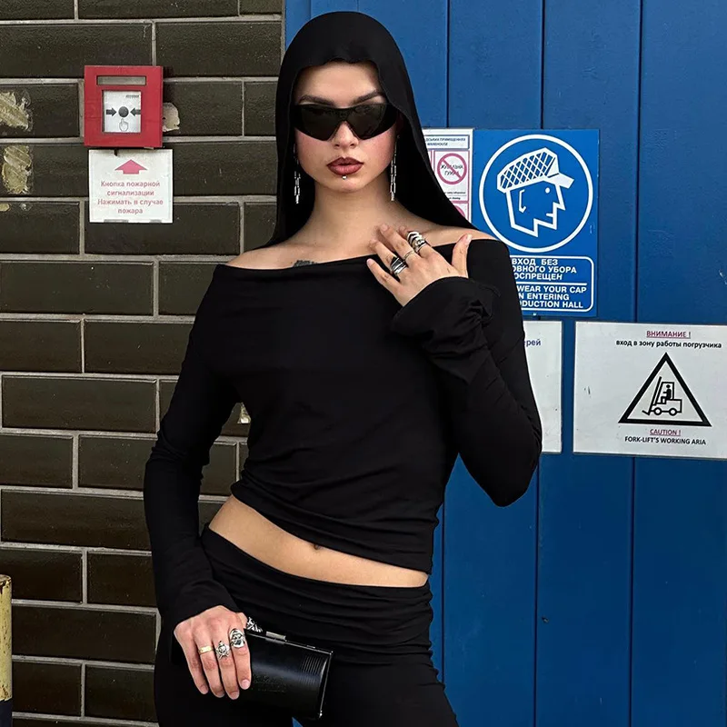 Y2k 2000s Hooded Crop Tops Long Sleeve Tees Black T Shirts Fall 2023 Trending Clothes for Women Streetwear