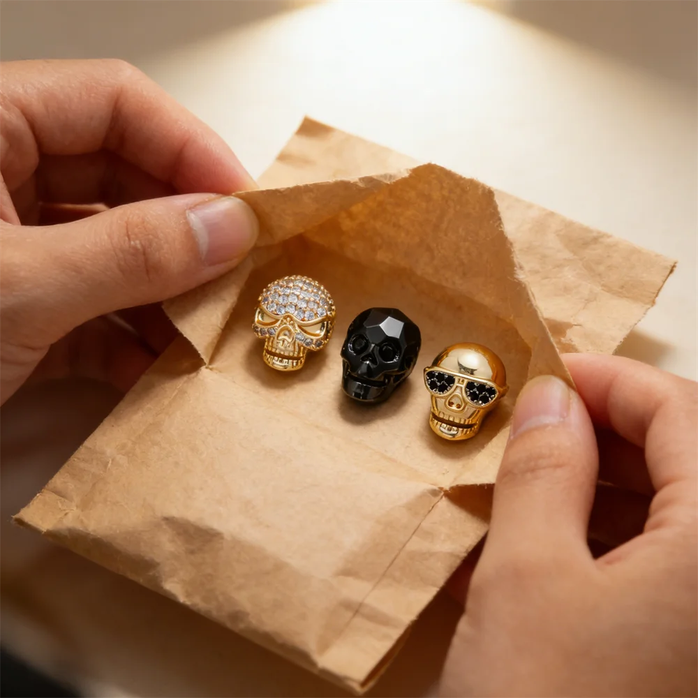 

3Pcs Beads for DIY Jewelry Handmade Brass Zircon Skull Shape Stylish Beads Accessories for Bracelet Necklace Party Daily Wear