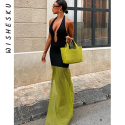 Sexy Halter Backless Cut Out Maxi Dress Women Sleeveless Patchwork Casual Long Party Vestido 2024 Spring Fall Y2K Clothes