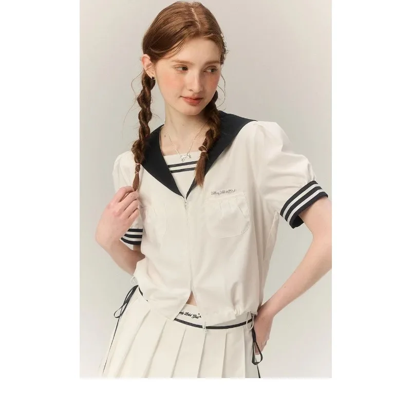 QWEEK Kawaii Preppy Sailor Collar Shirt Woman Vintage Sweet Loose Blouse Japanese Style Summer Harajuku Fashion Streetwear 2024