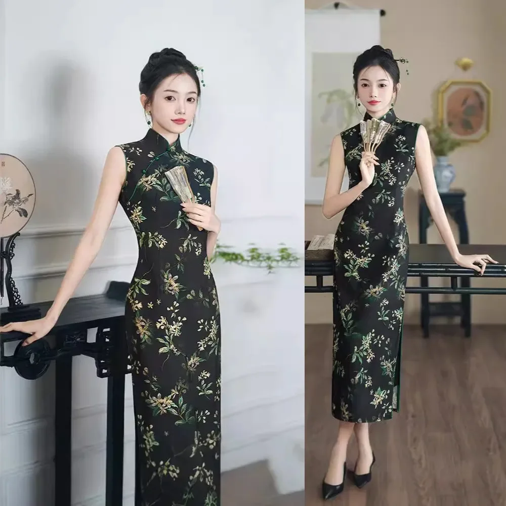 

Floral Printing Improved Sleeveless Long Cheongsam Women Elegant Slim Dress Vinatge Chinese Retro Evening Qipao Daily Dresses