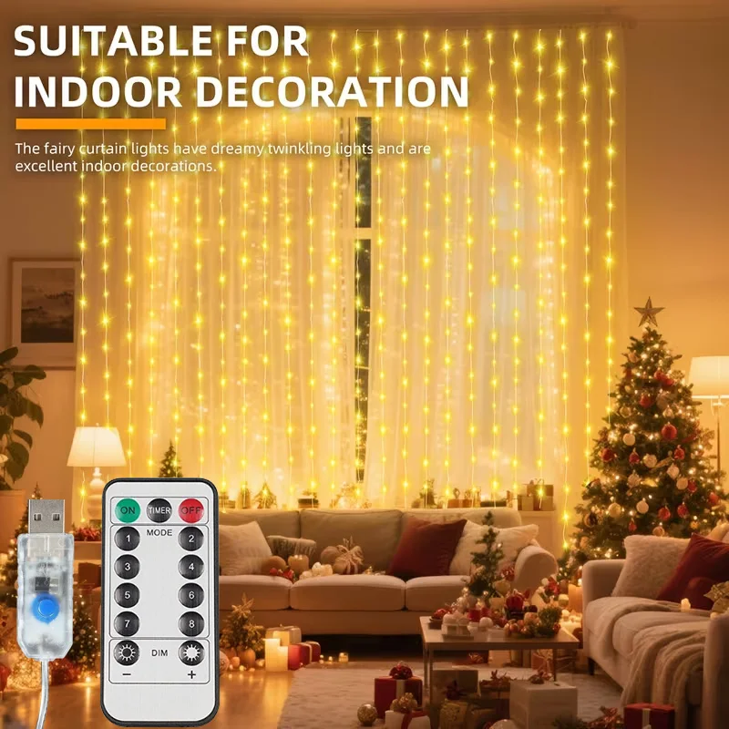 300/200/100 LED USB Curtain Light 8 Flashing Modes Christmas String Pendant Light Suitable for Bedroom Yard Garden Wedding Party