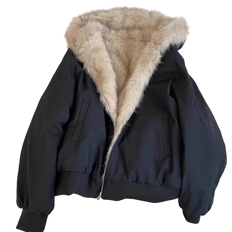 アメリカンレトロフード付きぬいぐるみジャケット女性のための秋冬パッチワークジッパーアウターファッション長袖ルーズコットンコート