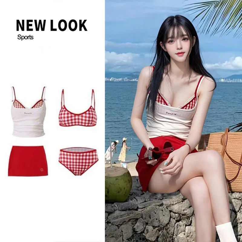 4 قطعة/المجموعة جديد 2025 الصيف شبكة مثير بيكيني المايوه مع قمم تنورة للنساء الحلو ملابس الشاطئ فستان رقيقة ثوب السباحة
