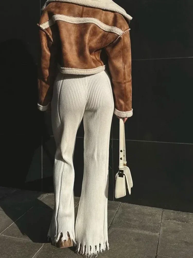 Hoge taille ruche rand gebreide wijde pijpen broek voor dames in de herfst nieuwe verticale pitstreep niche vloerlengte broek