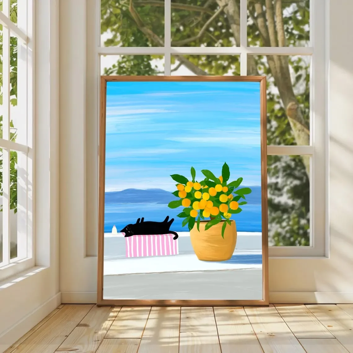 Decoración de pared con estampado de gato costero y árbol de limón: ilustración vibrante de un gato negro relajándose sobre una toalla rosa a rayas junto a un árbol de limón
