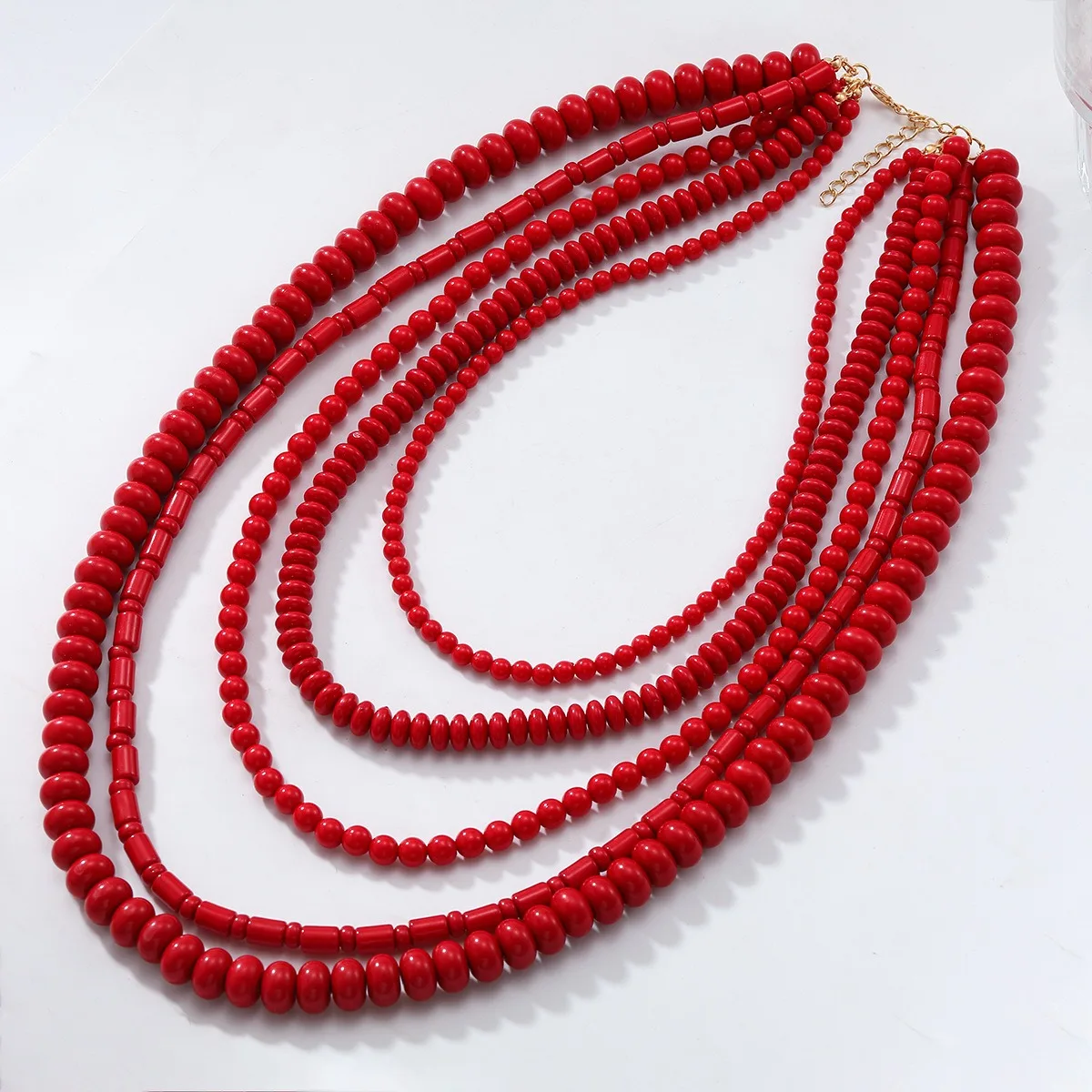 Multi Layer Red Beaded Necklace Handmade Bohemian Statement Collar Long Strand Fashion Party Daily Wear Women