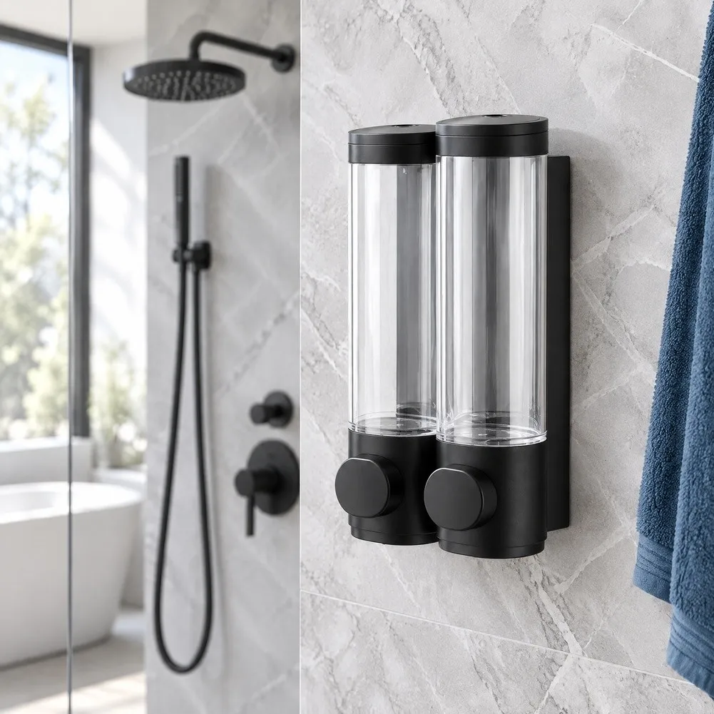 640ml 2-Cavity Wall Mount Liquid Soap Dispenser With Clear Window No Drill Installation For Home Bathroom Shower Organization