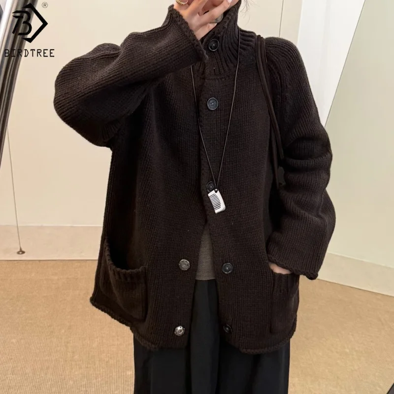

Birdtree,100% Sheep Wool Solid Knitted Cardigan,Woman Turtleneck Single Breasted Coat,2025 Autumn Winter Loose Sweater T5O616JF