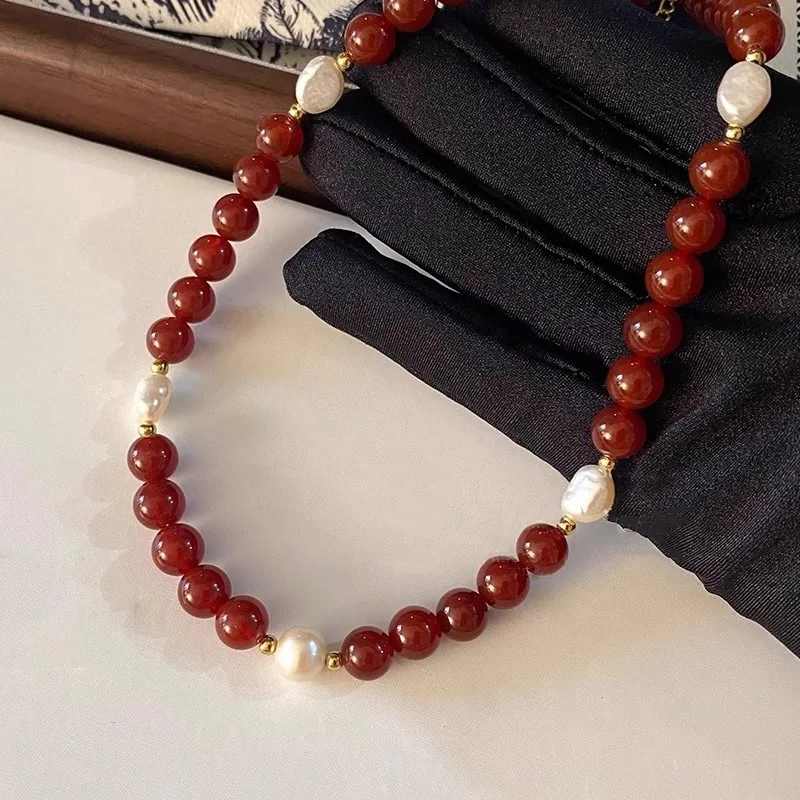 100 % natürliche Süßwasserperle und roter Achatstein, 14 Karat Gold gefüllt, weibliche Perlen, Kette, Halskette, Schmuck für Frauen, Geburtstagsgeschenke – Detail 7