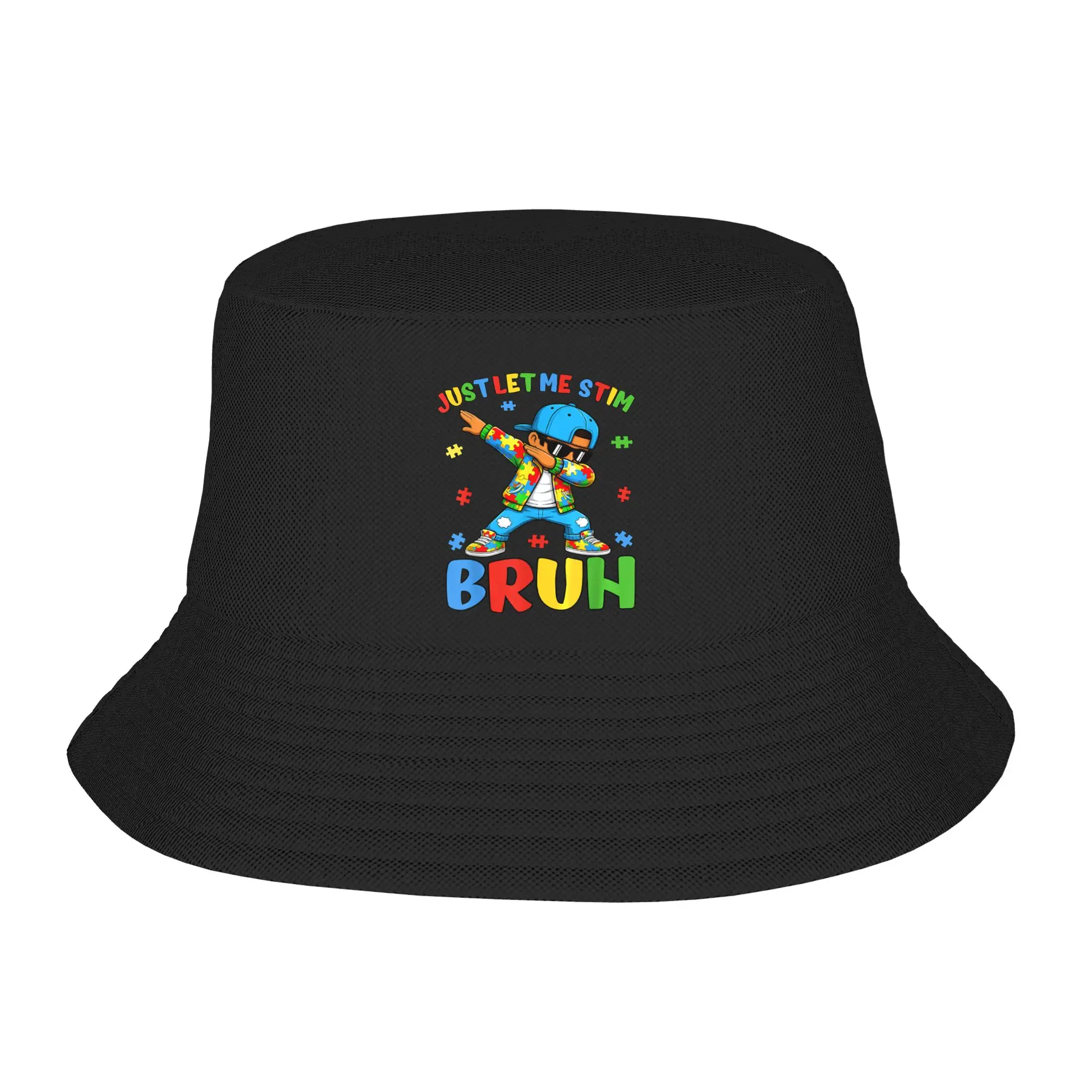 Unisex Just Let Me Stim Bruh Funny Dabbing Boy Kid Autism Awareness Bucket Hat Soft Fold Fisherman Hats Retro Beach Travel Caps