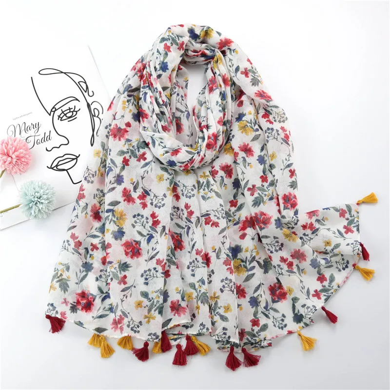 Autumn Fashion Ink Painting Floral Tassel Viscose Shawl Scarf Lady High Quality Wrap Pashmina Stole Bufandas Muslim Hijab Sjaal