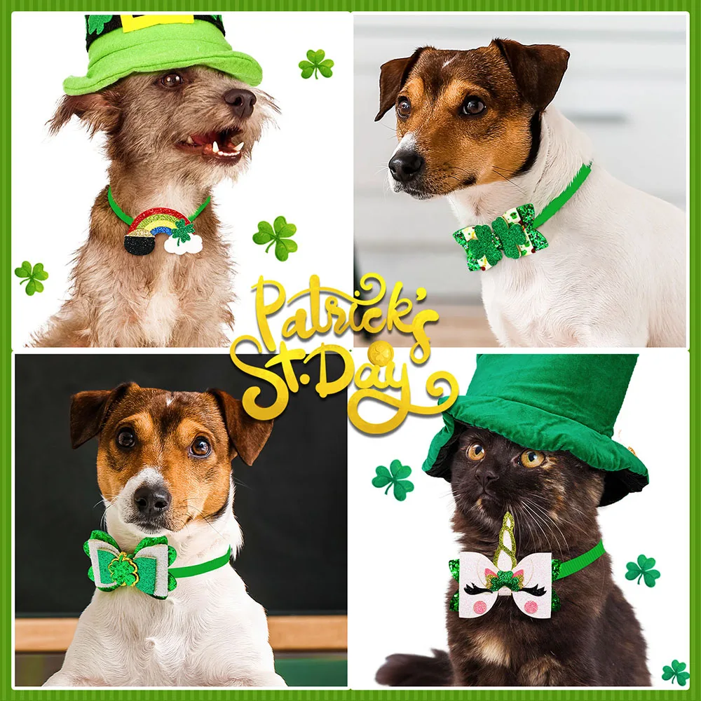 Pajaritas de San Patricio para perros pequeños y gatos, accesorios de aseo para perros pequeños, color verde, 30 piezas, novedad