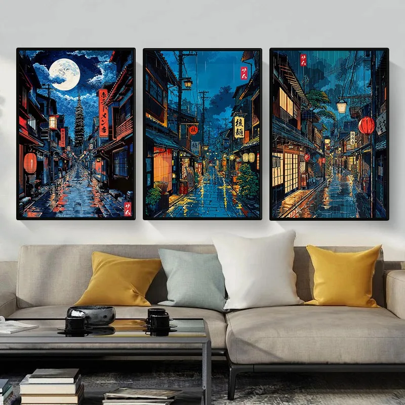 1pc frameless Japanese Cartoon Style Poster Ukiyo-e Illustration Anime City Street Landscape Canvas Painting Wall Art Living Roo