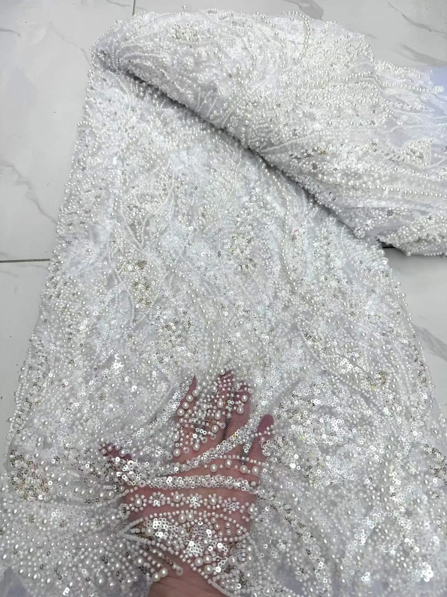 New African Lace Fabric 2026 High Quality Nigerian Lace Beads Sequins French Net Fabric 5 Yards For Sewing Party Wedding Dresses