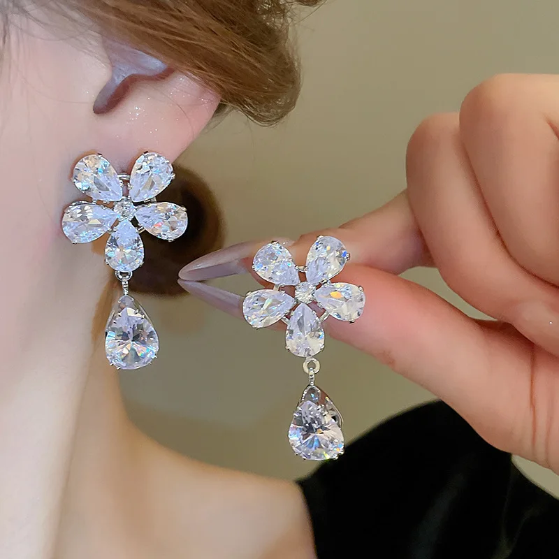 Light luxury zircon flower water drop silver needle earrings personality super flash niche temperament versatile high-end women