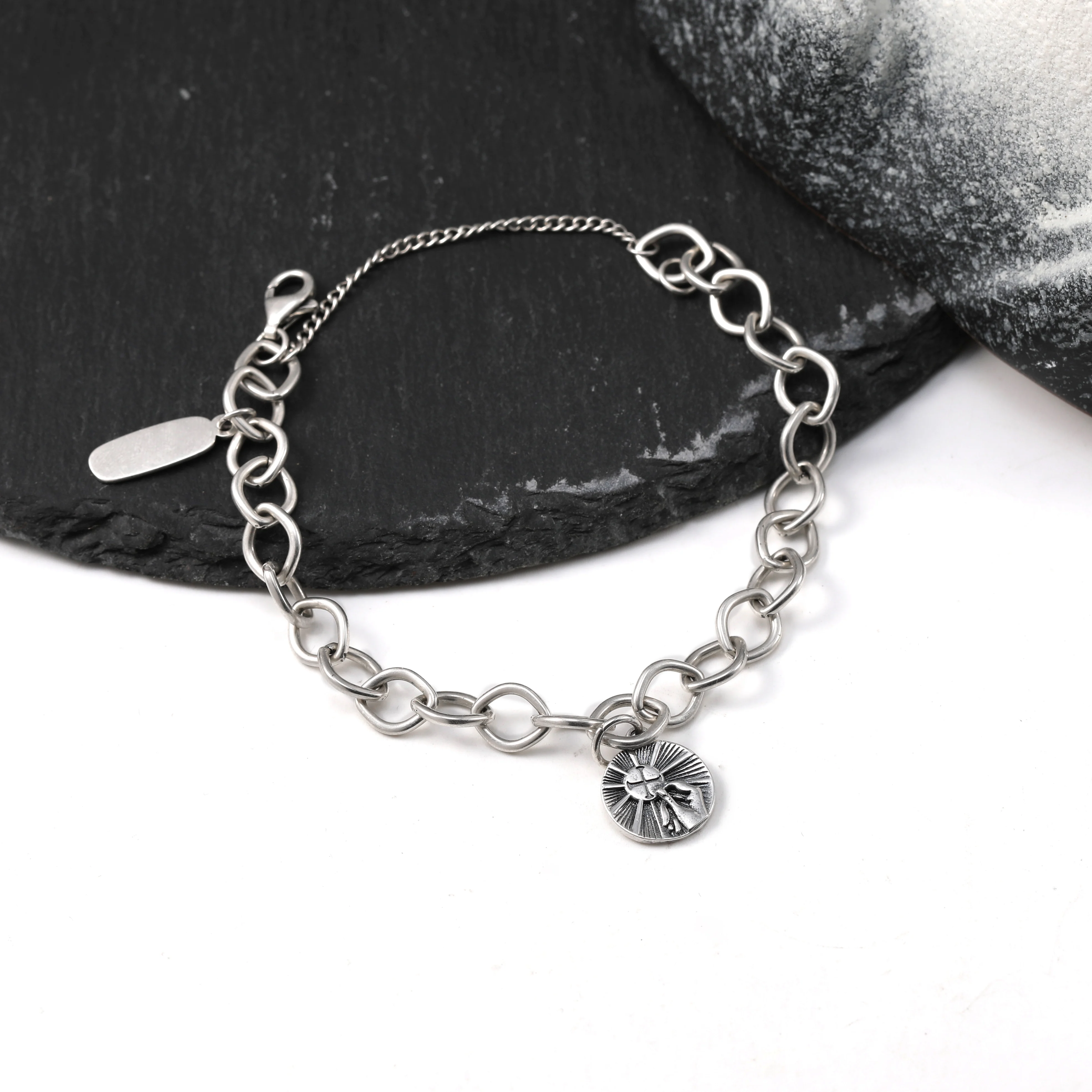 

Genuine 925 sterling silver Forged Link Charm Bracelet paired with The first Eucharistic Medal pendant