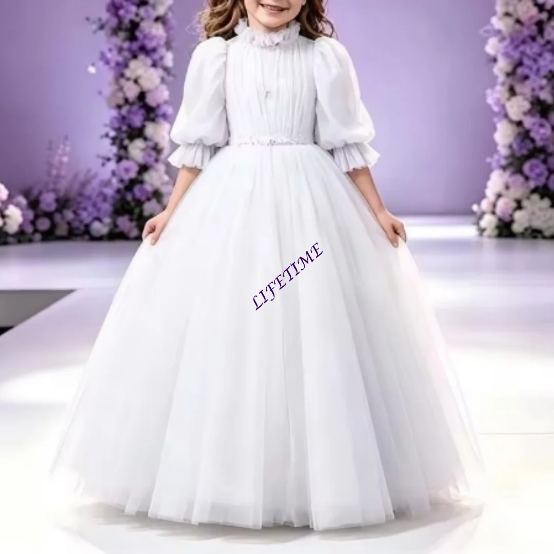 Customized Kids Flower Girl Dress High Neck Bubble Sleeves First Communion Dress Long Princess Pleated Tulle Wedding P