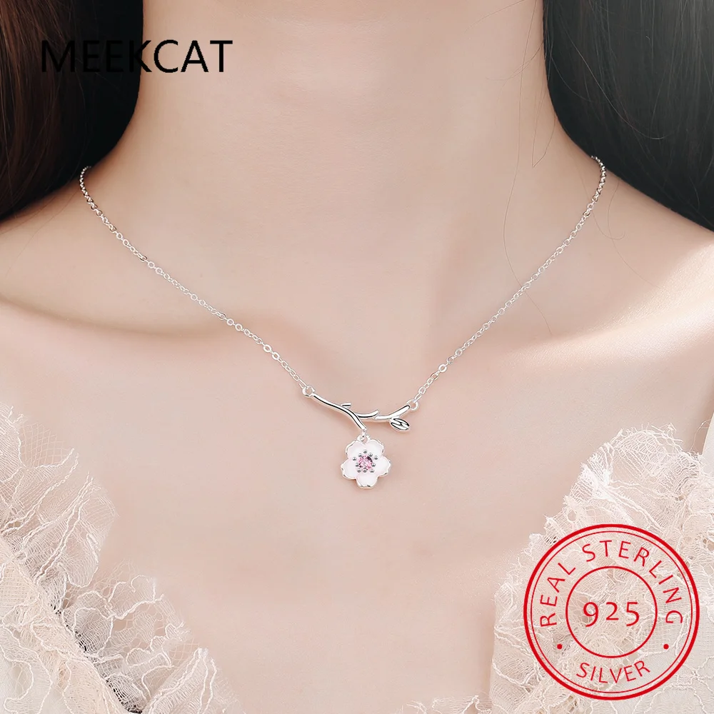 925 Sterling Silver Pink Cherry Blossom Necklaces Fashion Daily Jewelry Flower Pendant Necklace Colar de Prata S-N437