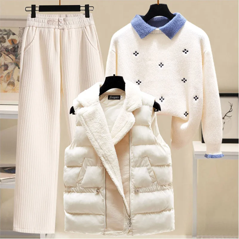 Korean Version New Three Piece Set Women\'s Winter Lamb Wool Patchwork Vest Jacket Sweater Thickened Plush Straight Leg Pants