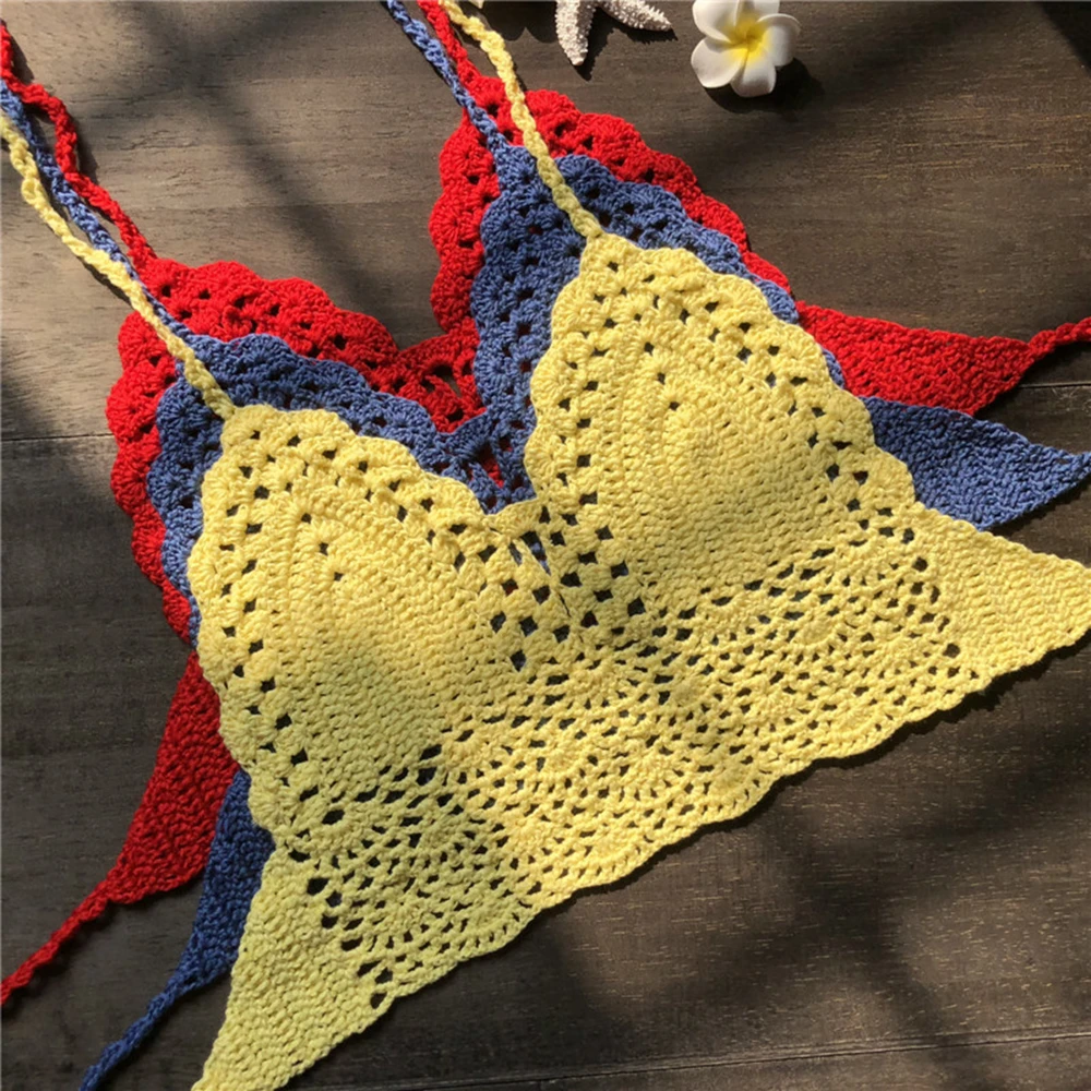 Seksowne damskie bikini krótki top szydełkowe Boho bikini na plażę Bralette Halter Cami dzianinowy biustonosz podkoszulek