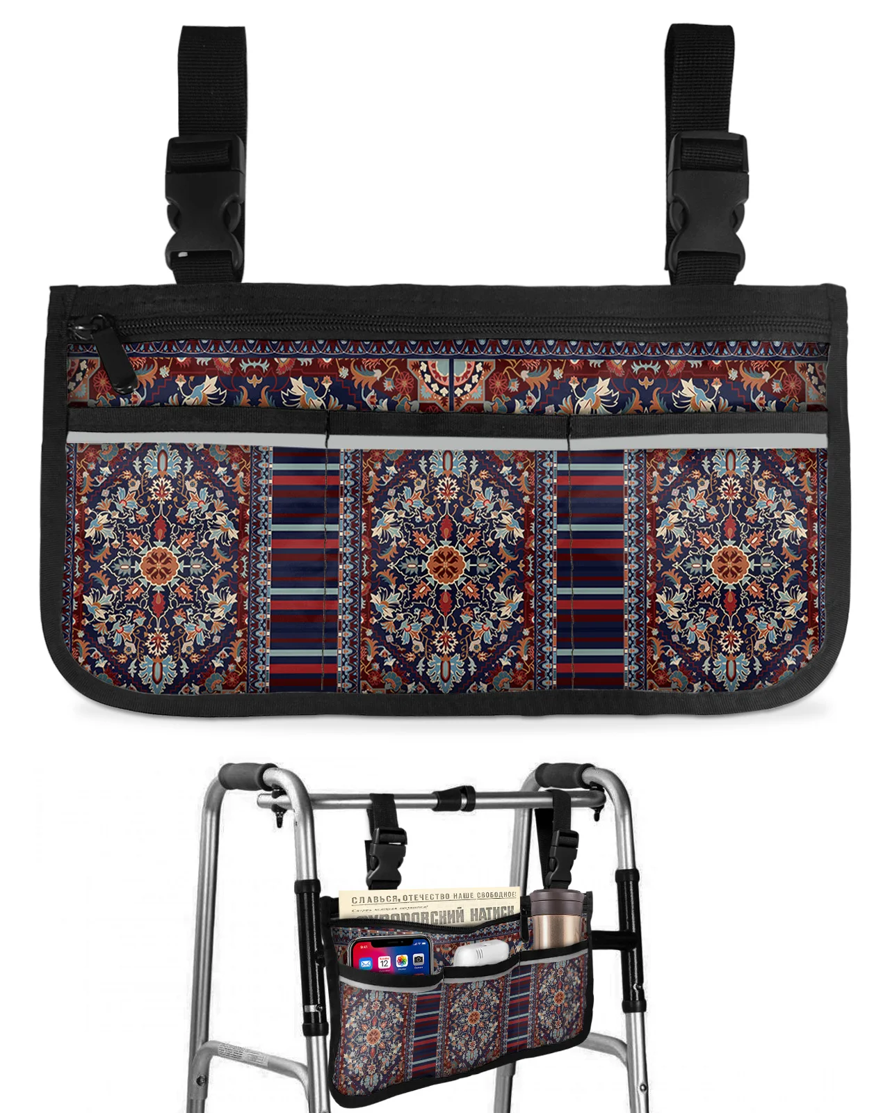 Flower Indian Bohemia Wheelchair Bag With Pockets Armrest Side Bags Electric Scooter Walking Frame Storage Pouch