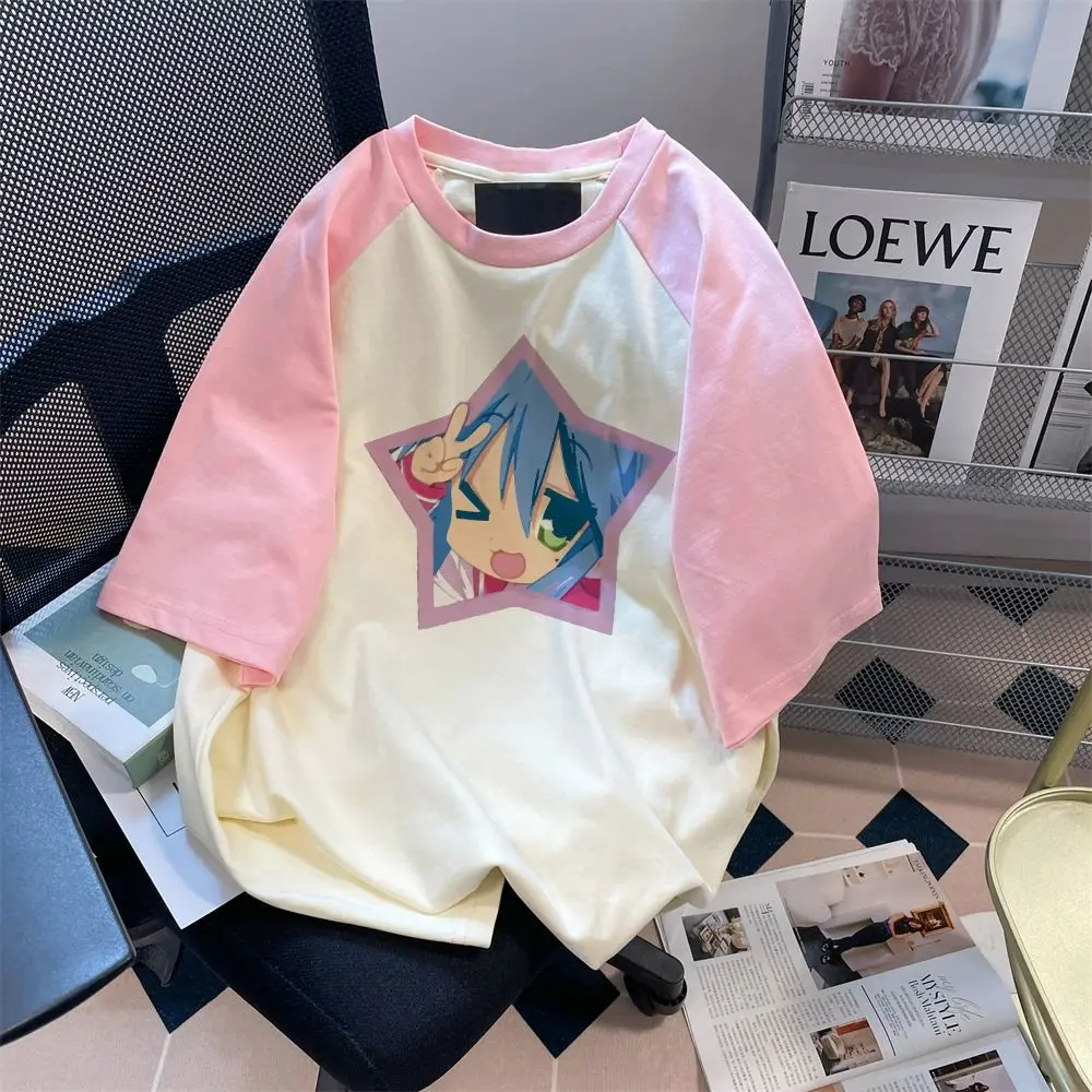 Cute Anime Girl Print Raglan Sleeve T-Shirt, Kawaii Star Frame Graphic Tee, Pink/Red & Beige Color Block Casual Tops Sweet Girls