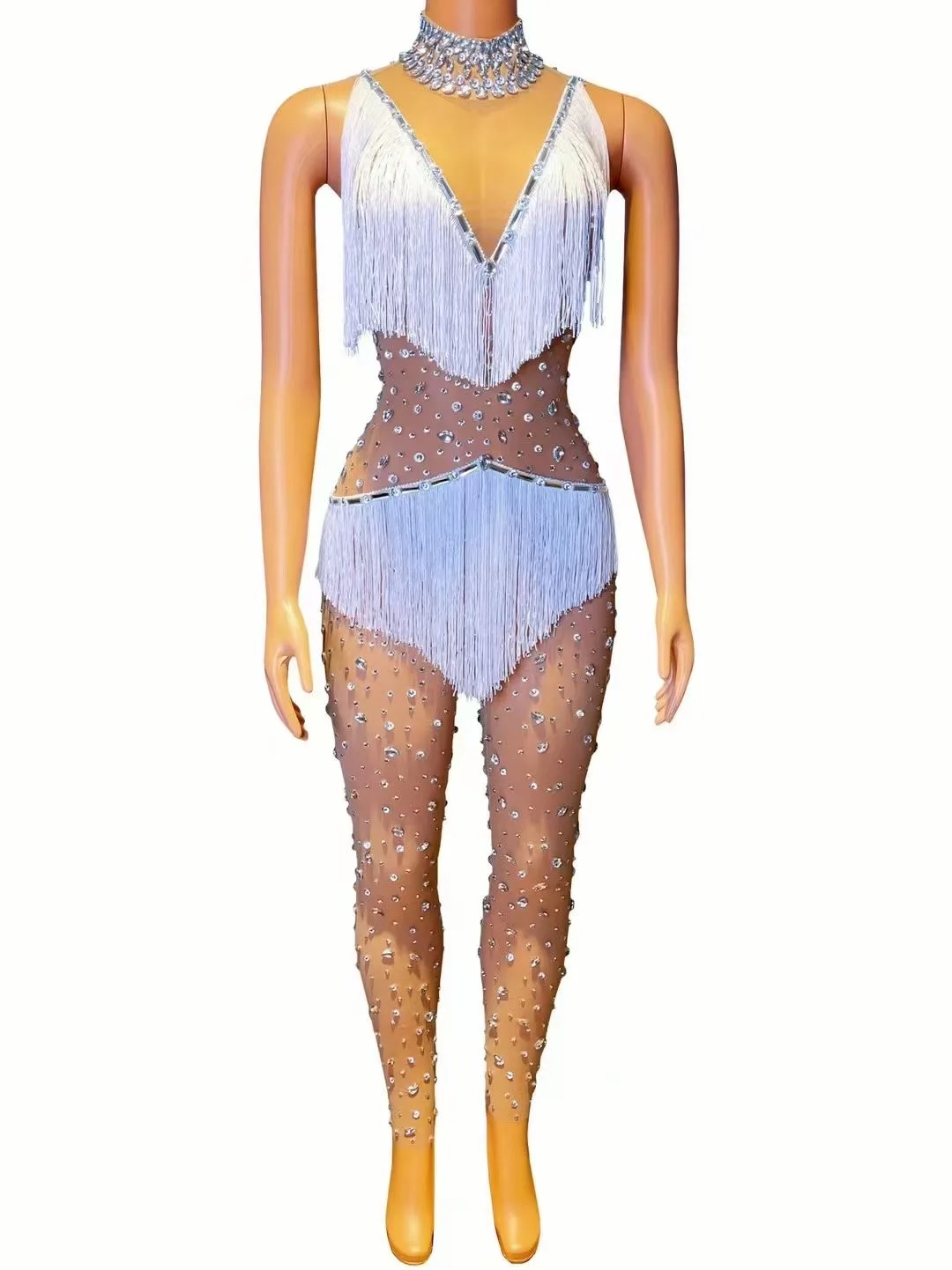 

Women Sexy Tassel Sparkly Rhinestones Mesh Transparent Jumpsuit Evening Party Birthday Outfit Performance Costume Stage Rompers