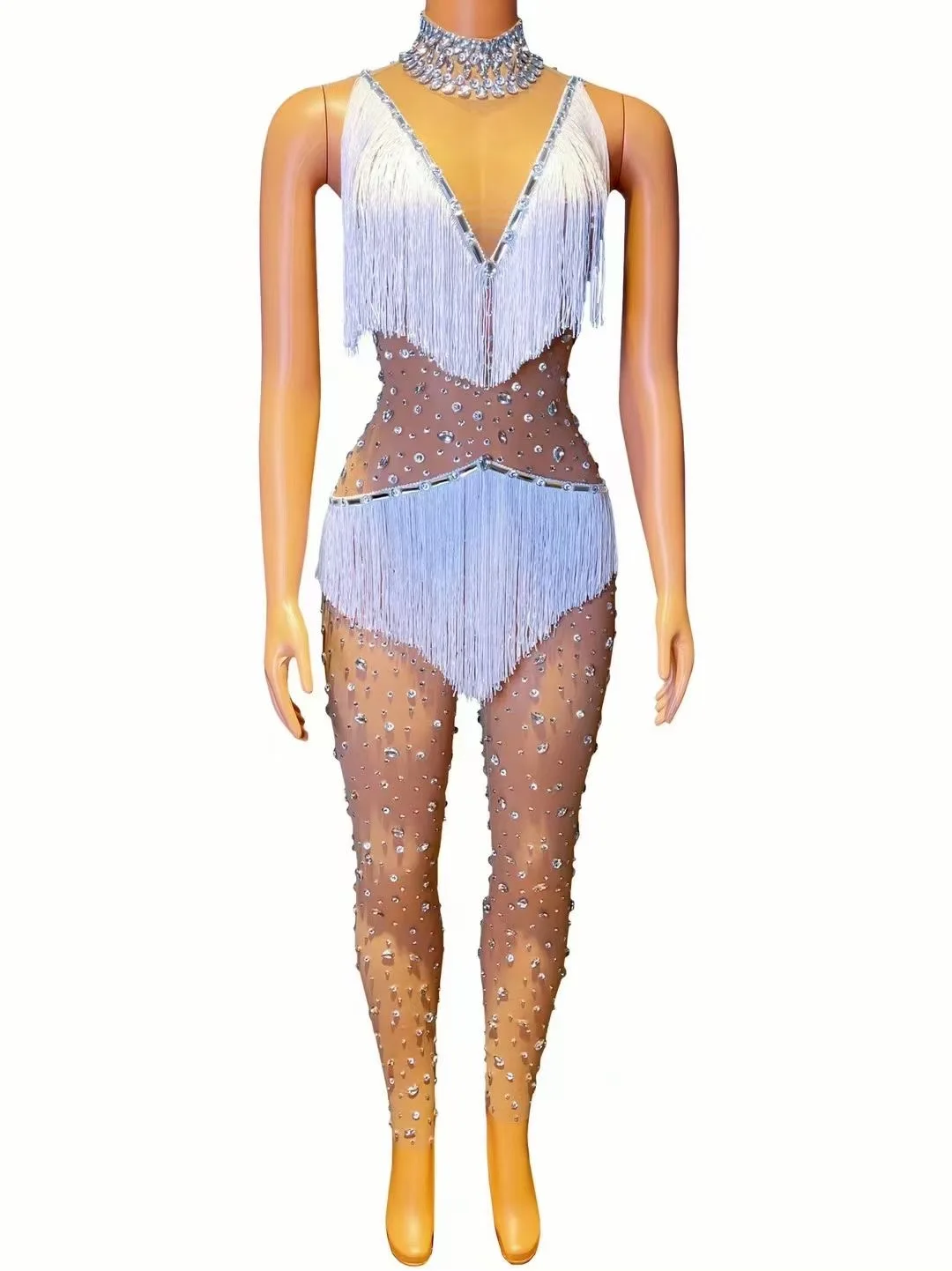 Women Sexy Tassel Sparkly Rhinestones Mesh Transparent Jumpsuit Evening Party Birthday Outfit Performance Costume Stage Rompers