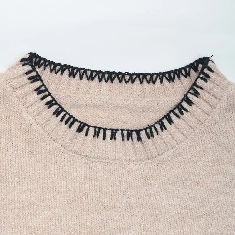 Women's Khaki Crew Neck Trimmed Knitted Sweater Long Sleeve Autumn Winter Casual Loose Fit Daily Fashion Pullover