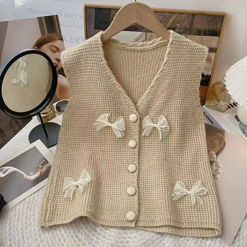 Autumn New Sweet Bow Solid Color V-neck Sleeveless Sweater Vest Female All-match Young Style Buttons Knitting Loose Cardigan